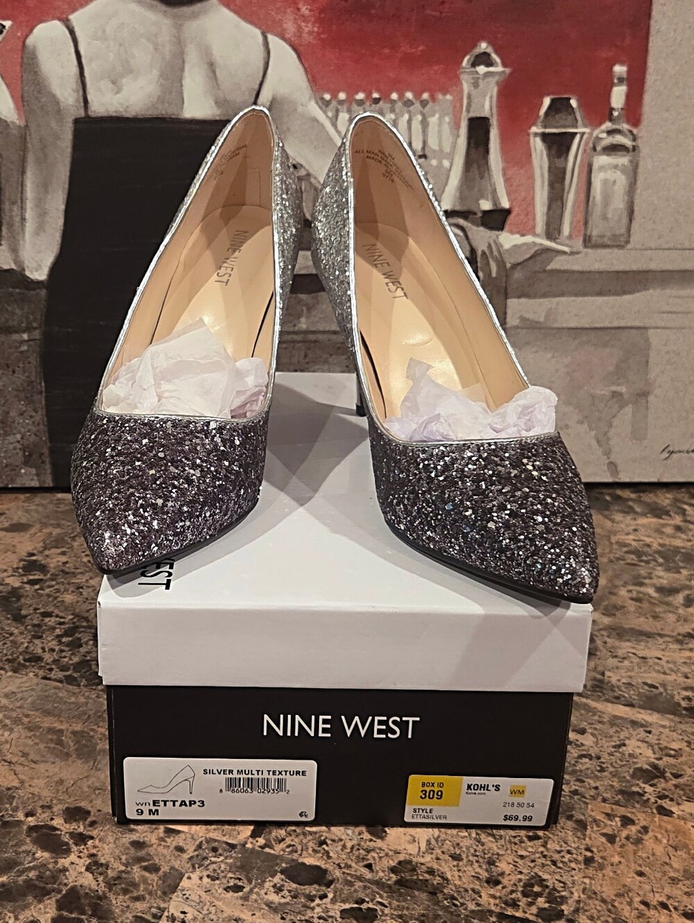 NIB!! GORGEOUS Nine West Silver Ombre Multi-Texture Glitter Pointed Pumps Sz 9